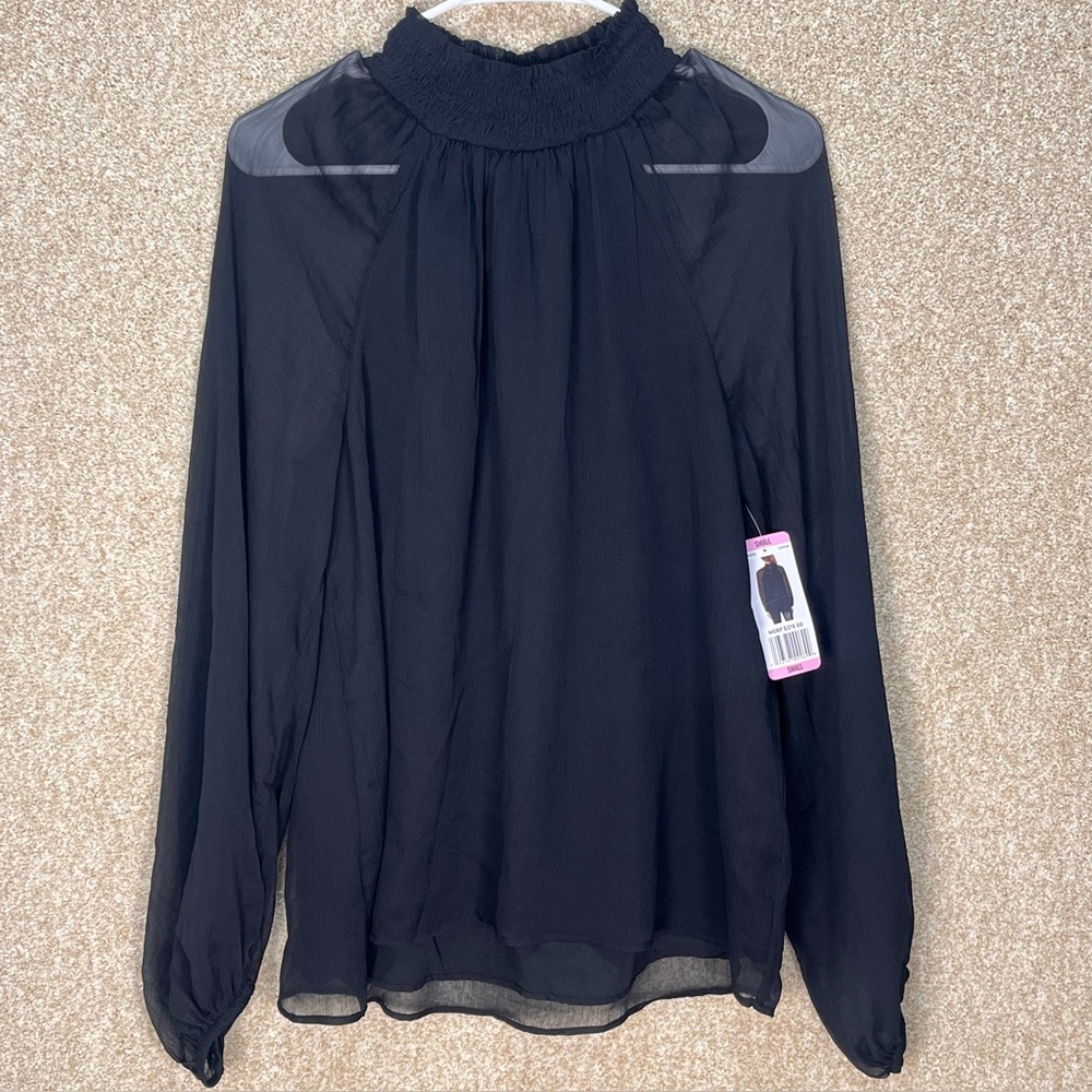 NWT Joie top long sleeved black top‎ sheer overlay smocked button neck small new